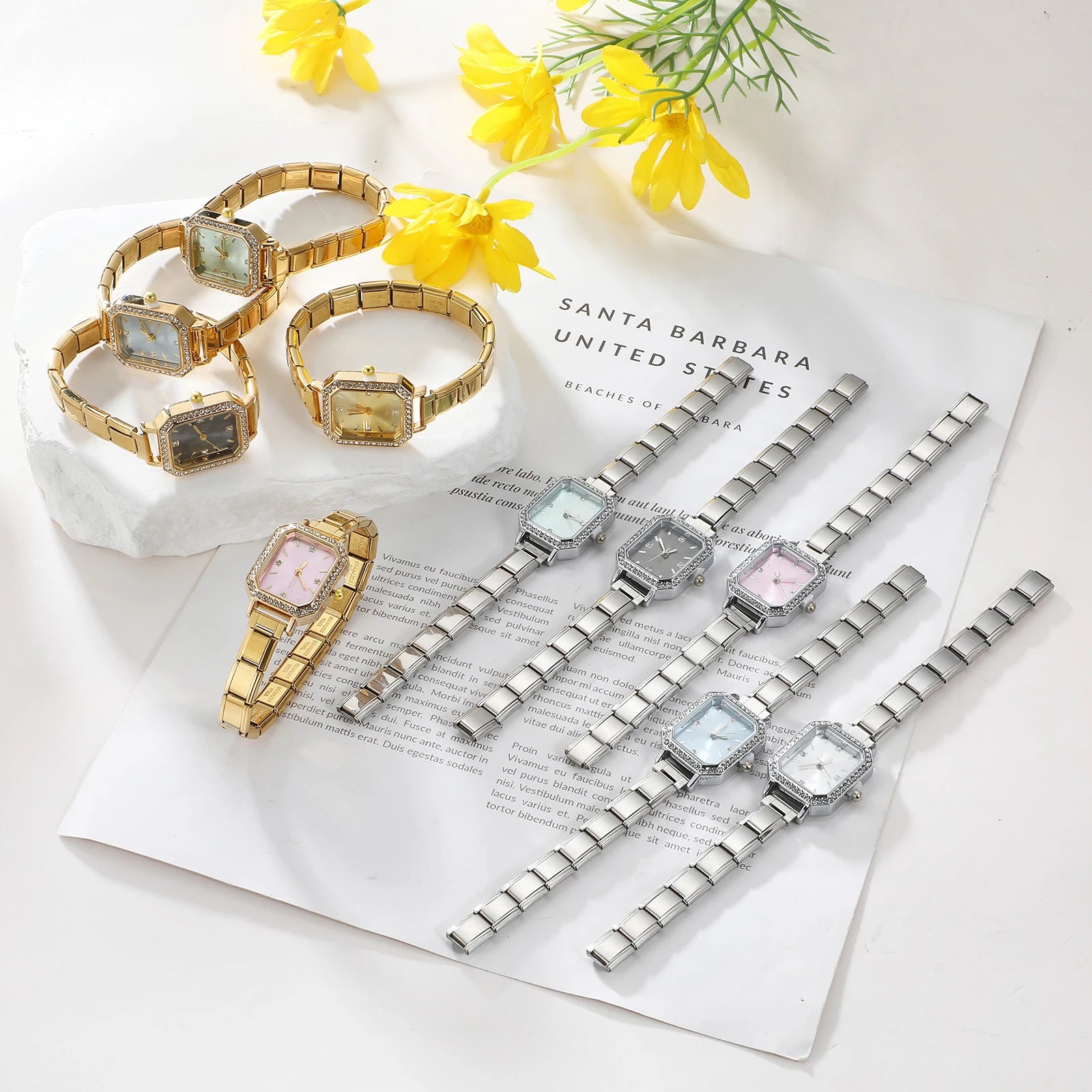 New Fashion Women's Stainless Steel Square Round Shiny Watch Bracelet For Party Friend Wife Birthday DIY Jewelry Gift