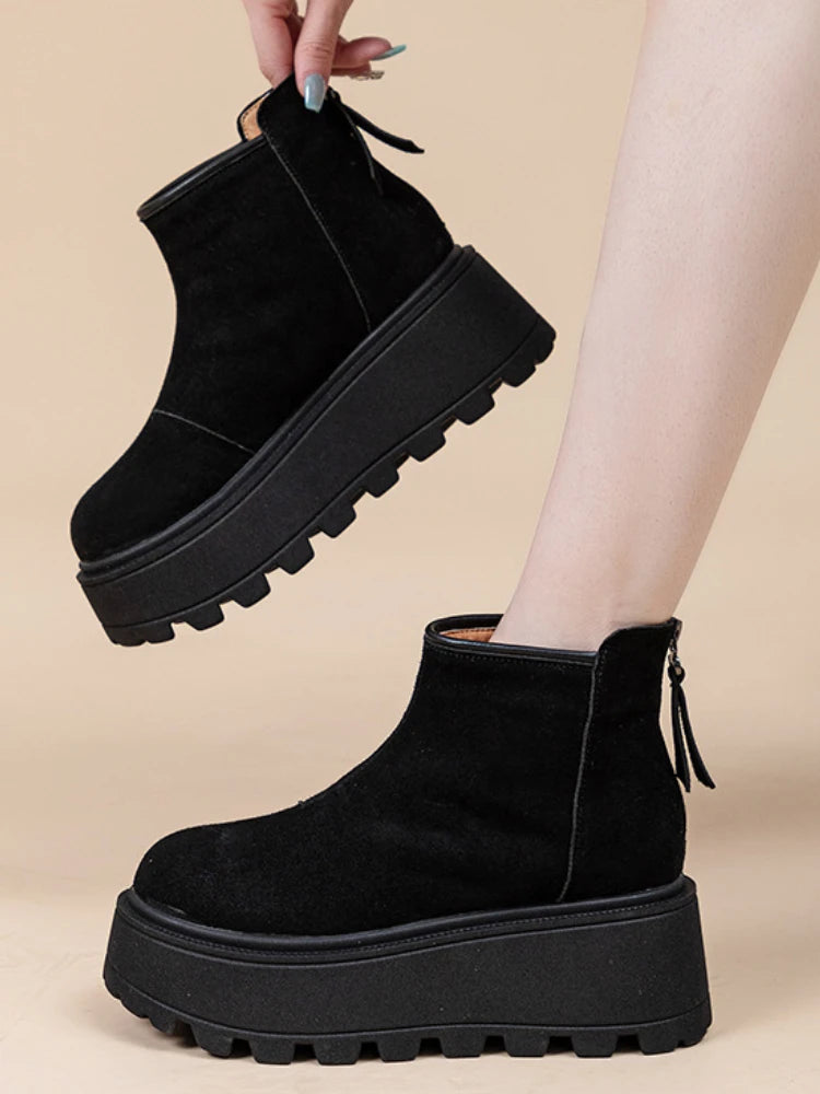 Fujin 7cm Suede Leather Snow Shoes Ankle Booties Platform Winter Boots Women Comfortable Non Slip Chelsea Boots Chunky Heel