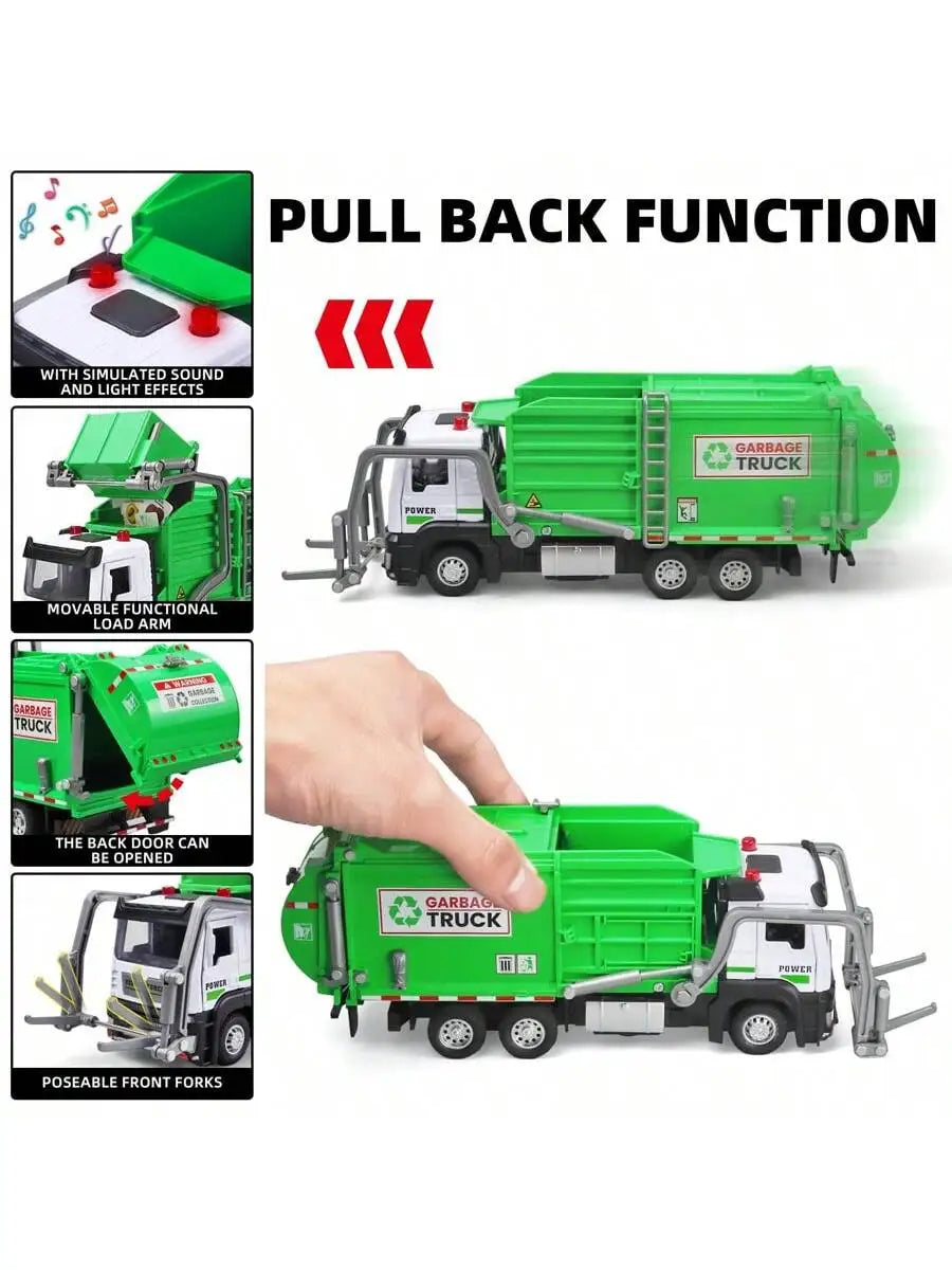 Realistic Garbage Truck Toy Set with Trash Can & STEM Learning Cards | 6+ Years Interactive Pull-Back Vehicle for Boys & Girls,