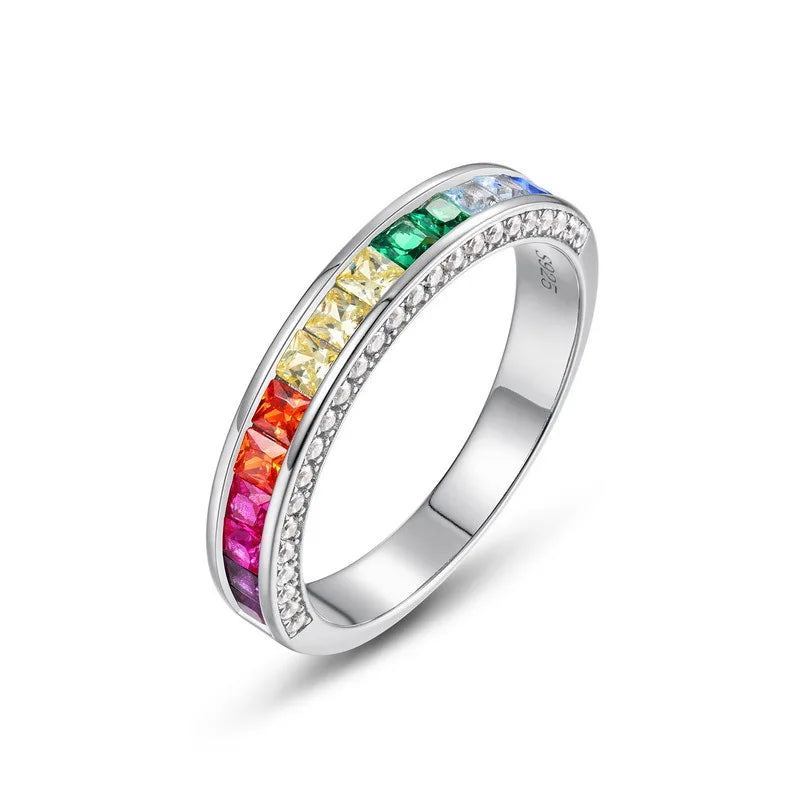 ALLNOEL Rainbow Band Ring for Woman Pure 925 Sterling Sliver 5A Zircon Eternity Fine Jewelry Colorful Engagement Birthday Gifts