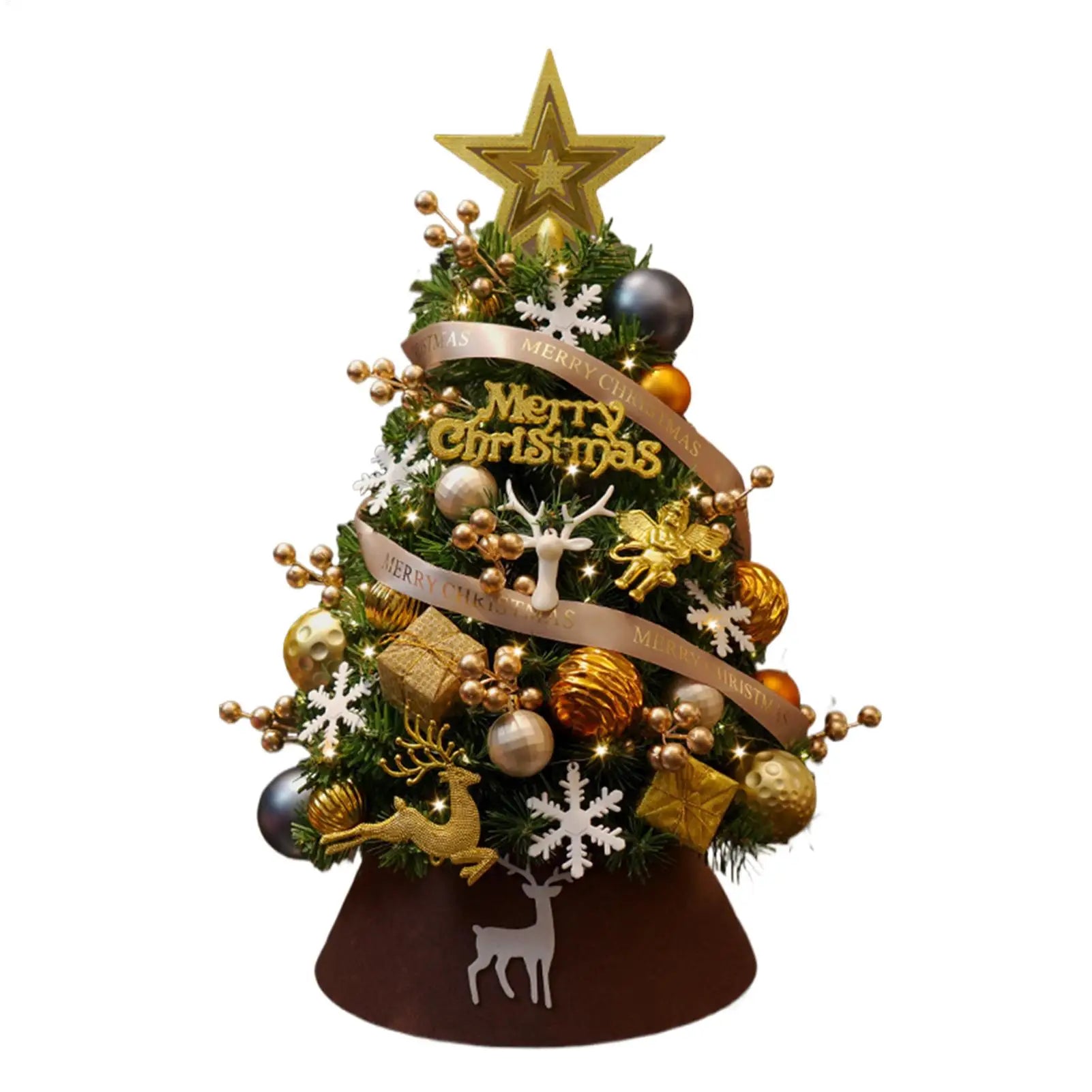 Desktop Mini Christmas Tree Golden Red Ball Flocking Tree With Led Lights Home Ornaments Christmas Decorations Holiday Festive