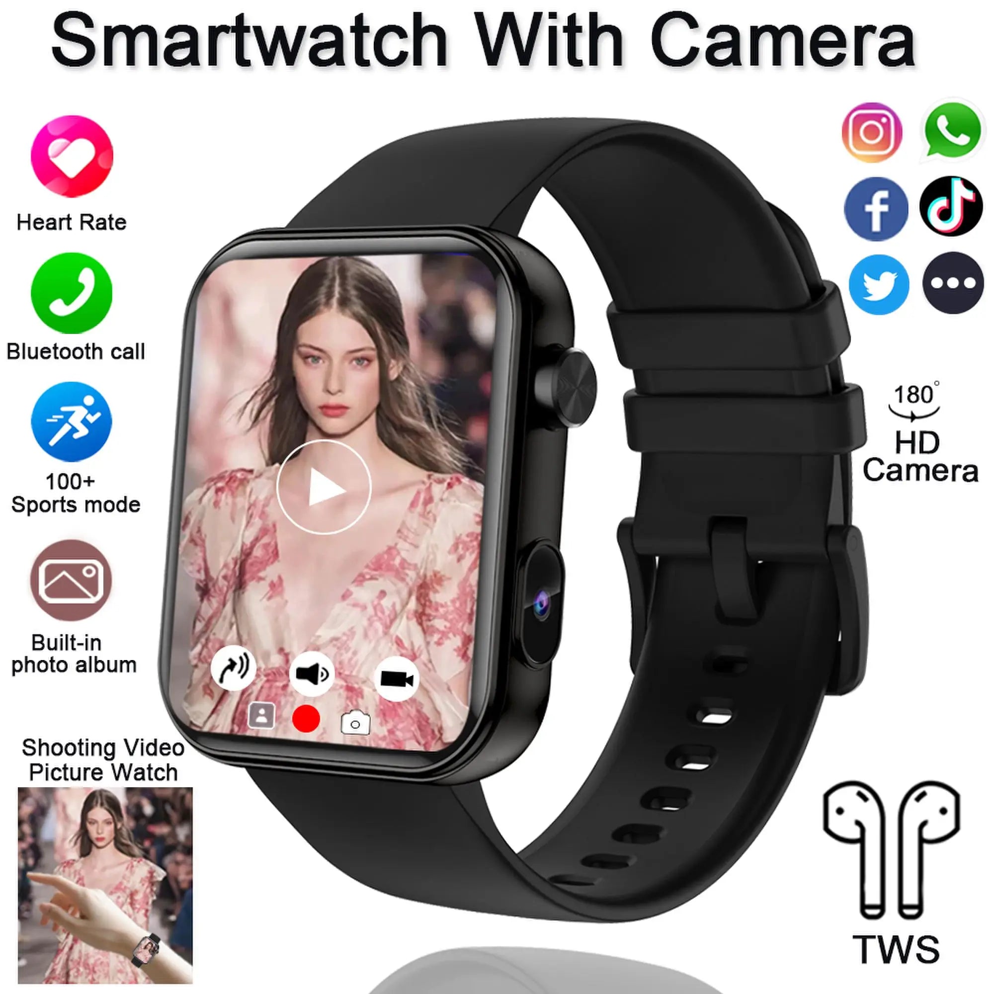 Camera Smart Watch with Video, BT Call & Health