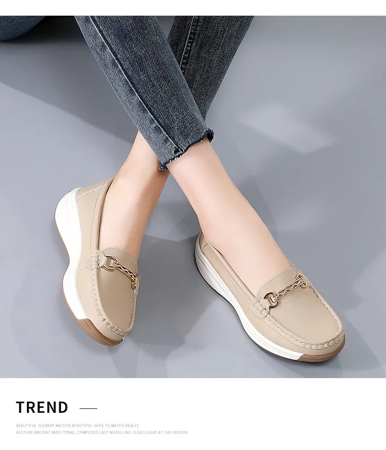 Women’s Leather Platform Loafers – Slip-On Casual Flats