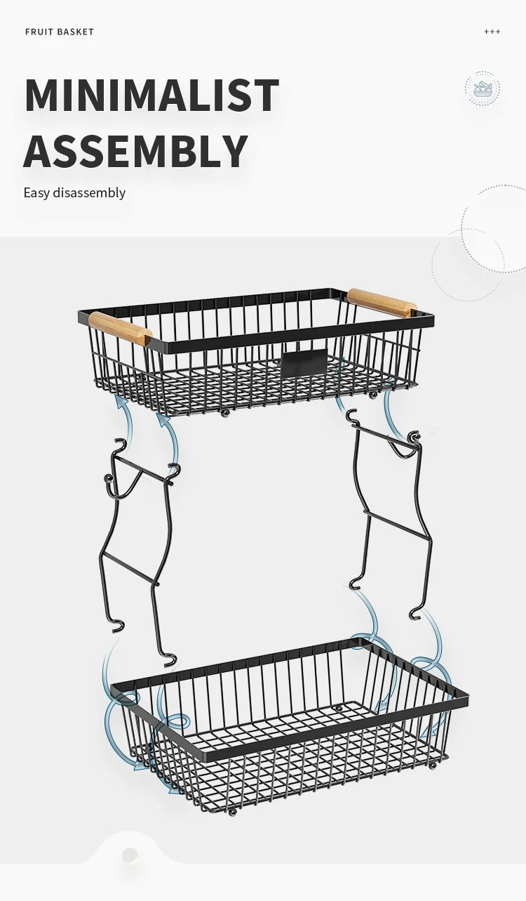 fruit basket vegetable basket,Metal storage basket with hook and wooden handle,Stackable and removable kitchen storage rack