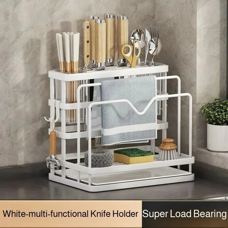 Kitchen Countertop Organizer with Drainage Tray -Integrated Rack for Cutting Boards, Knives, Rags, Chopsticks, Pot Lids, Durable