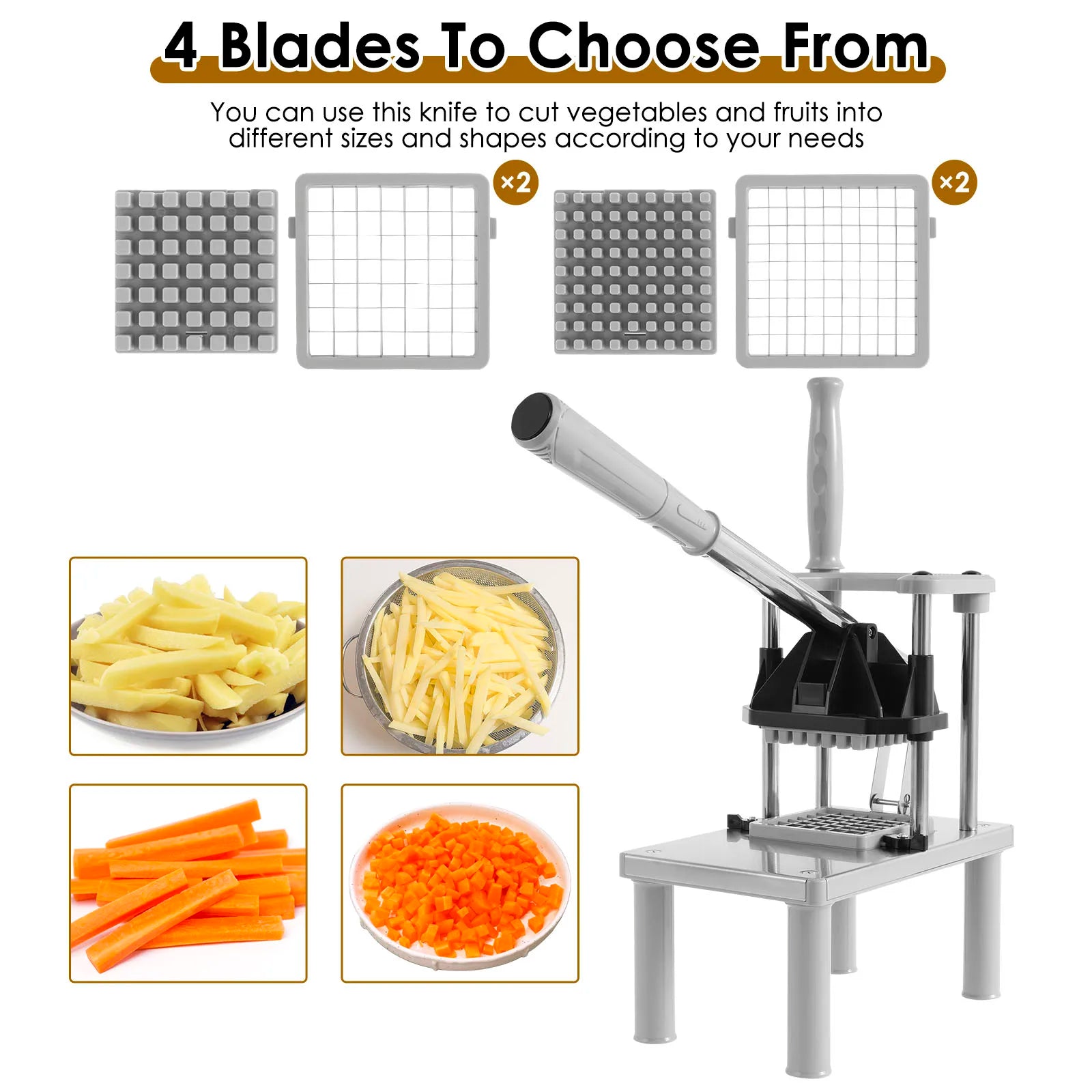 Stainless Steel French Fry Cutter Commercial Vegetable Fruit Chopper Manual Food Dicer with 4 Replacement Blades Kitchen Gadgets