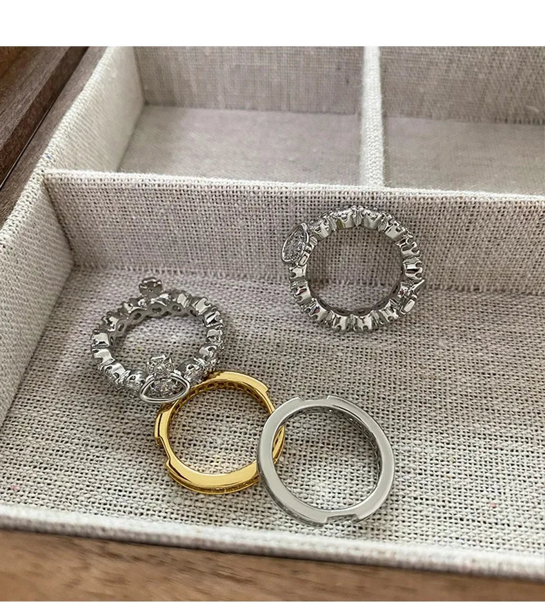 Fashionable Luxury Detachable Zircon Ring for Women High End Unique Style Two-Way Wearable Off-White Queen Design Jewelry