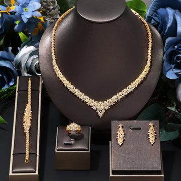 Classic CZ Crystal 4-piece Full Necklace Set Luxury Dubai Nigeria Bridal Jewelry Set For Wedding Evening
