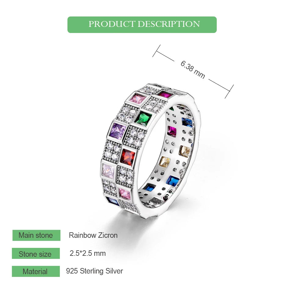ALLNOEL Rainbow Band Ring for Woman Pure 925 Sterling Sliver 5A Zircon Eternity Fine Jewelry Colorful Engagement Birthday Gifts