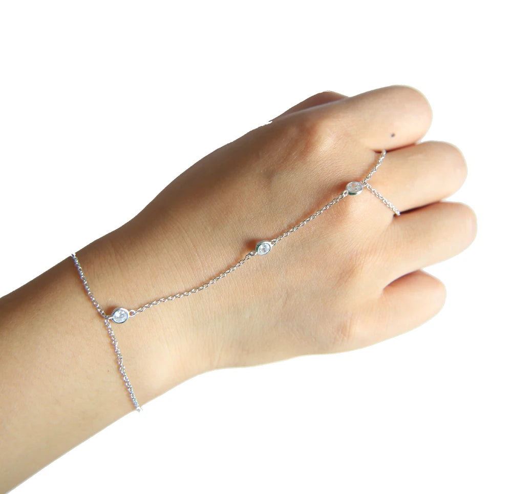 100% 925 Sterling Silver Slave Chain Bracelet Connected Finger Ring Bling AAA Sparking Cz Zirconia Handlets Layers Jewelry Women