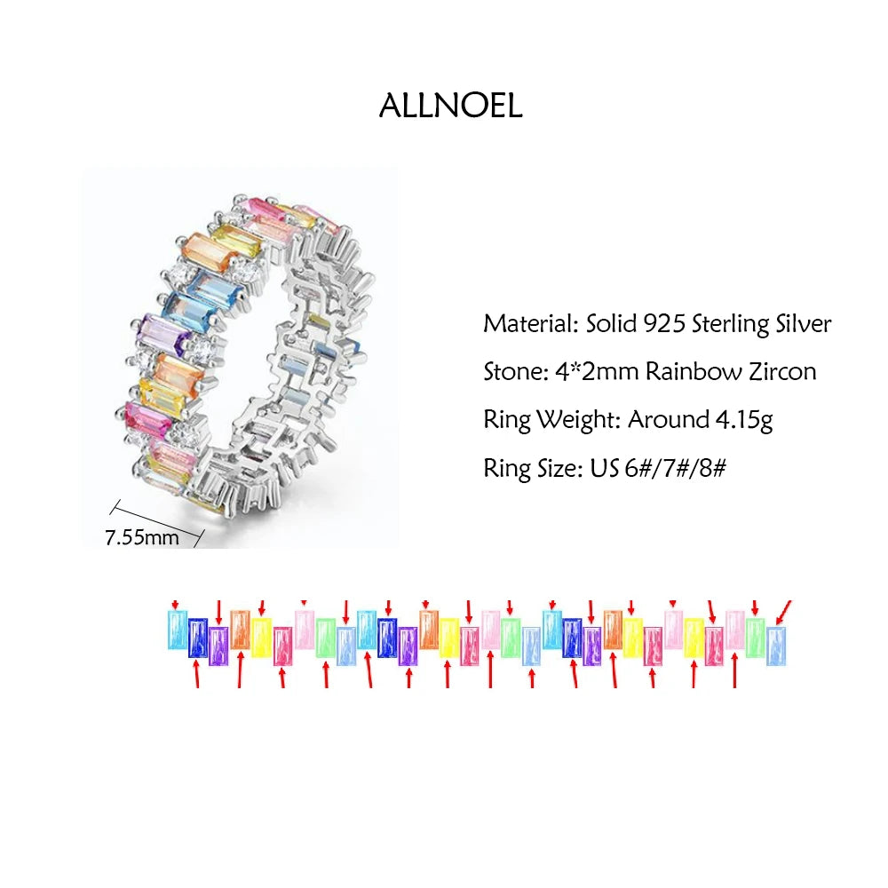 ALLNOEL Rainbow Band Ring for Woman Pure 925 Sterling Sliver 5A Zircon Eternity Fine Jewelry Colorful Engagement Birthday Gifts