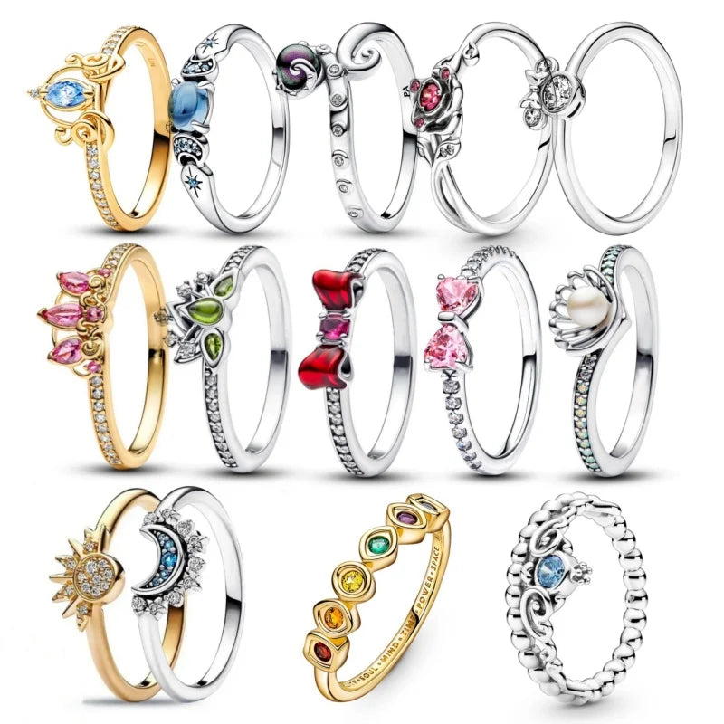 Disney Classic Shiny Princess Crown Ring Red Bow Heart-Shaped Ring Suitable For Wedding Party Female Original Jewelry DIY Gift