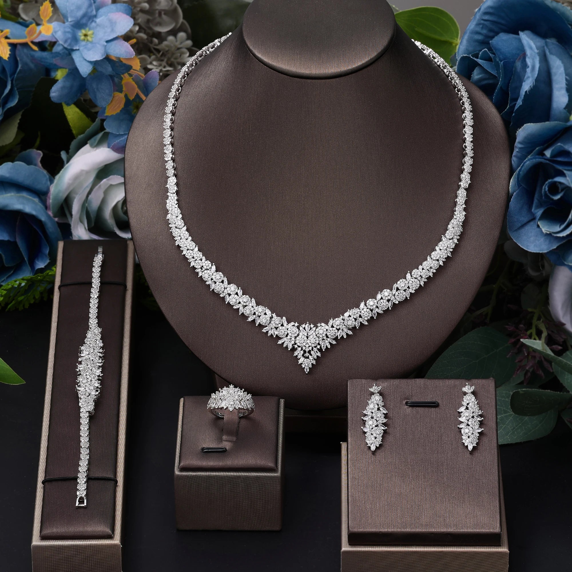 Classic CZ Crystal 4-piece Full Necklace Set Luxury Dubai Nigeria Bridal Jewelry Set For Wedding Evening