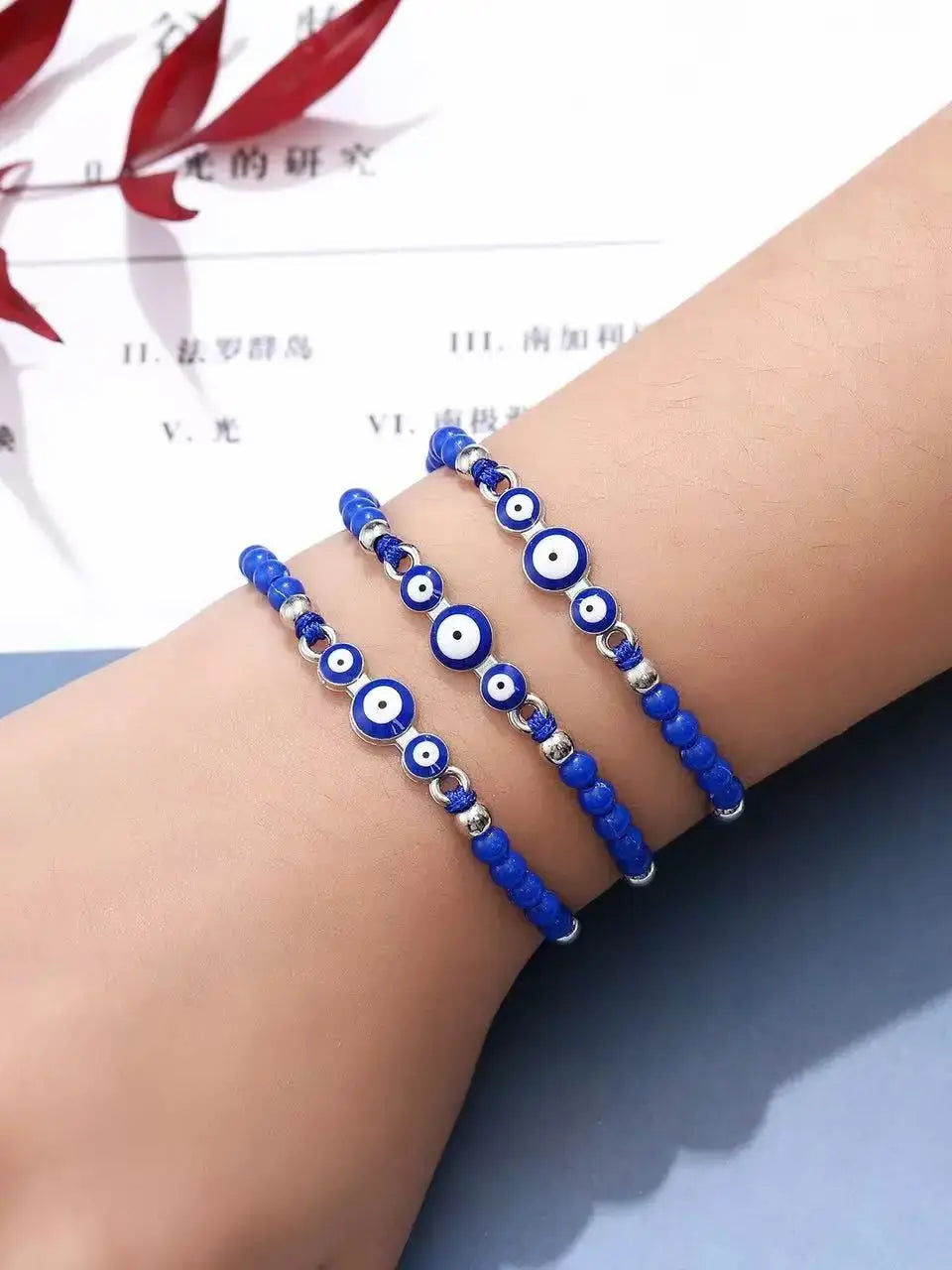 12-piece blue crystal beaded woven Devil's Eye bracelet, glass eye beads, fashionable adjustable bracelet for both men and women