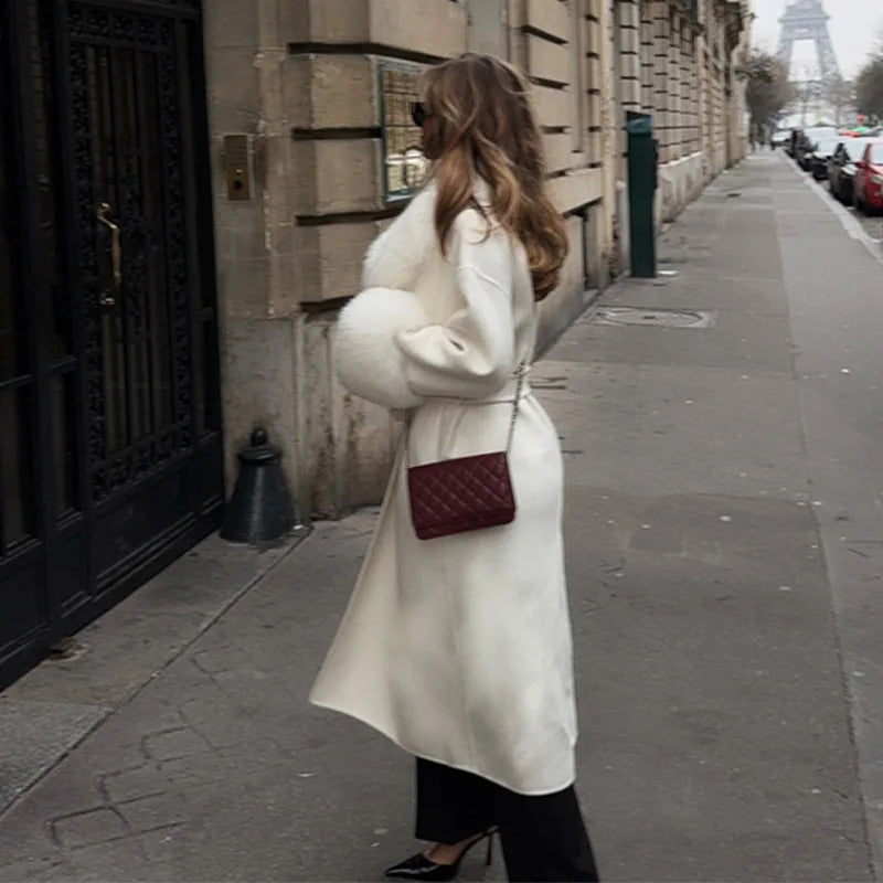 Luxurious Women's Overcoat Faux Full Sleeve Double Breasted Belt Lace Up Female Black Coats 2025 Autumn Winter Chic Lady Outwear