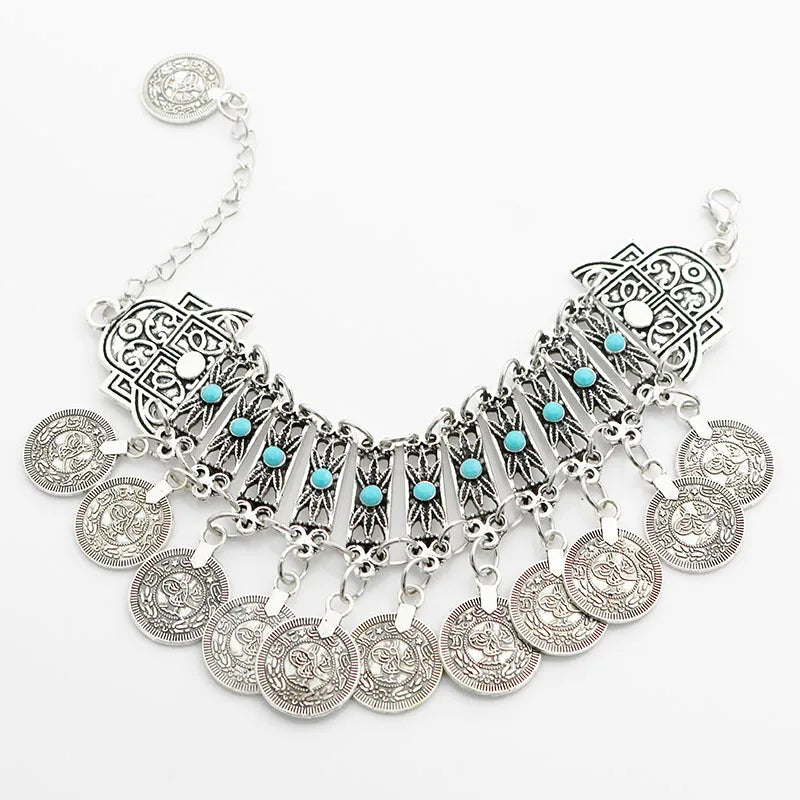 Gypsy Bohemian Coin Bracelets for Women Metal Vintage Flower Statement Bracelets Festival Turkish Beach Jewelry Tribal Ethnic