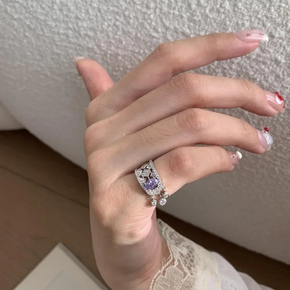 Light luxury exquisite silver 925 diamond amethyst rings for women unique fashion retro tassel purple tail ring wedding jewelry
