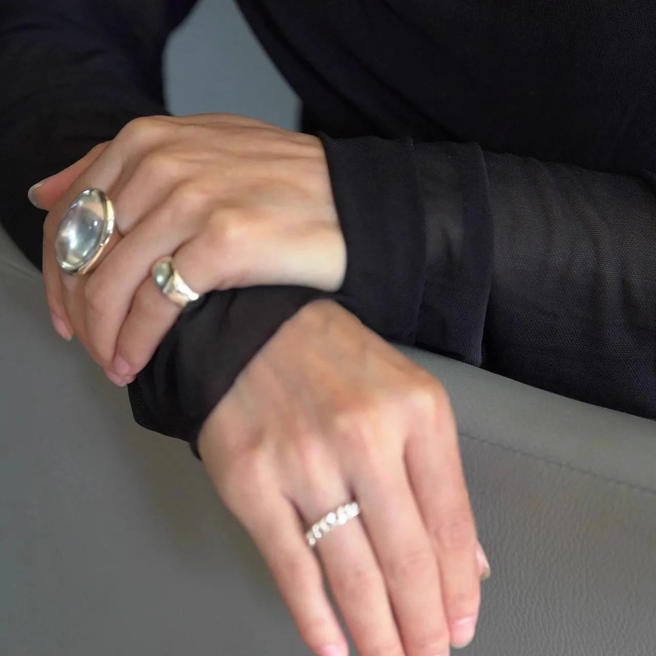 PANJBJ 925 Sterling Silver Geometry Crystal Ring For Women Ellipse Exaggerated Punk Water Drop Open Jewelry Gift Dropshipping