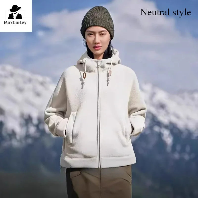 Winter Warm Cashmere Jacket Mens High-end Ski Fleece Iined Thickened Hoodie Coat Casual Womens Outdoor Camping Cold-proof Jacket