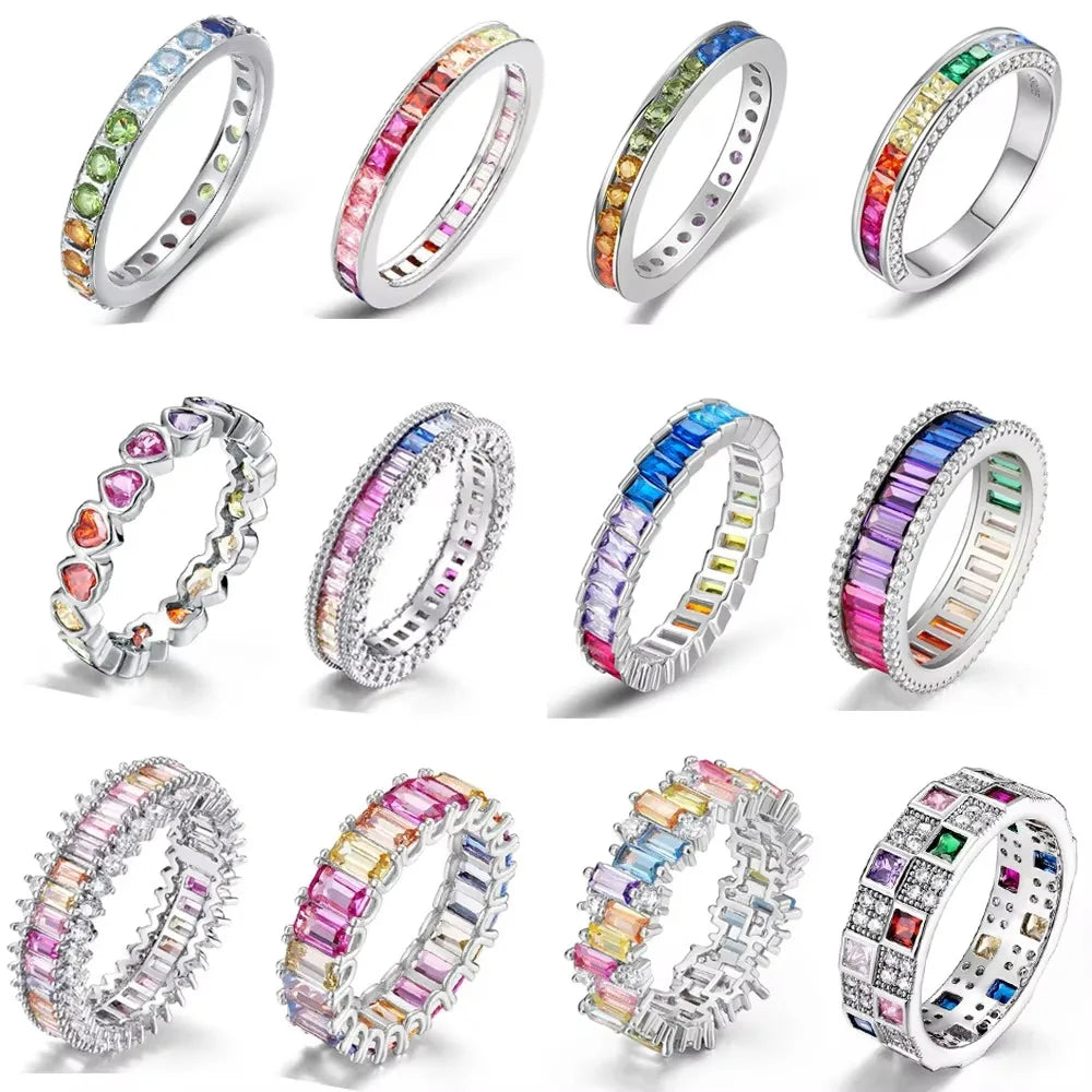 ALLNOEL Rainbow Band Ring for Woman Pure 925 Sterling Sliver 5A Zircon Eternity Fine Jewelry Colorful Engagement Birthday Gifts
