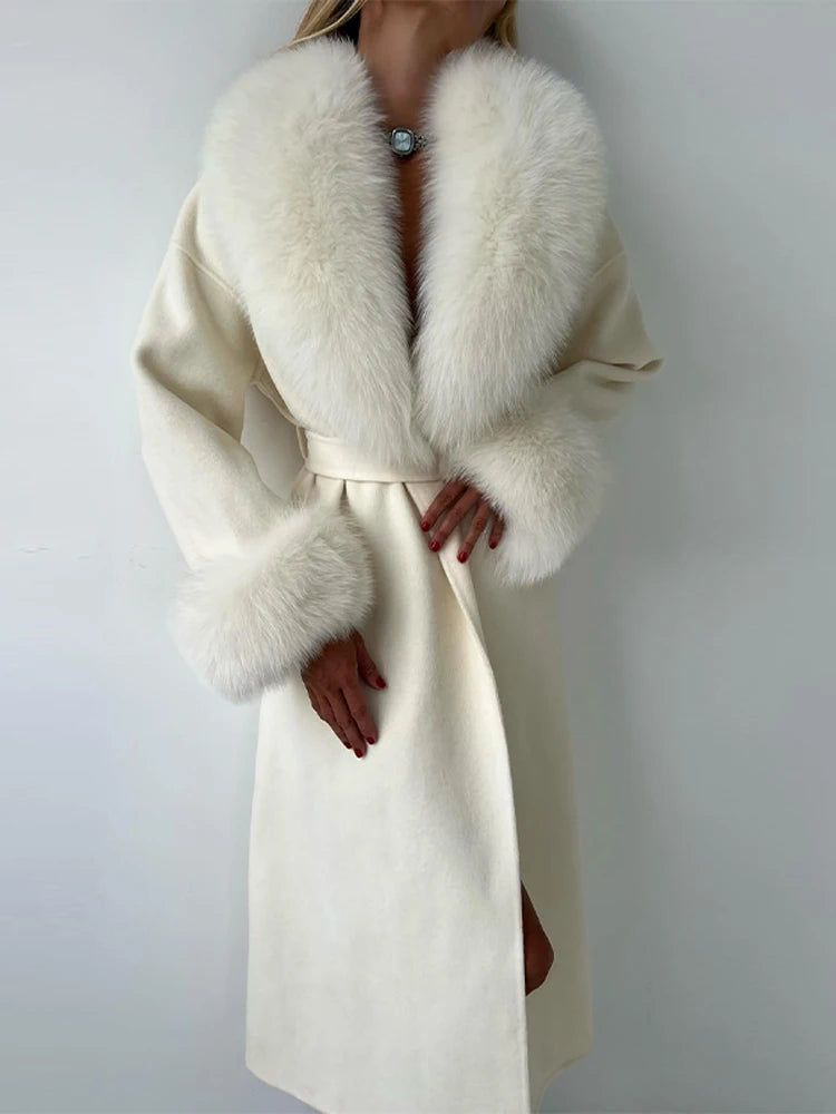 Luxurious Women's Overcoat Faux Full Sleeve Double Breasted Belt Lace Up Female Black Coats 2025 Autumn Winter Chic Lady Outwear