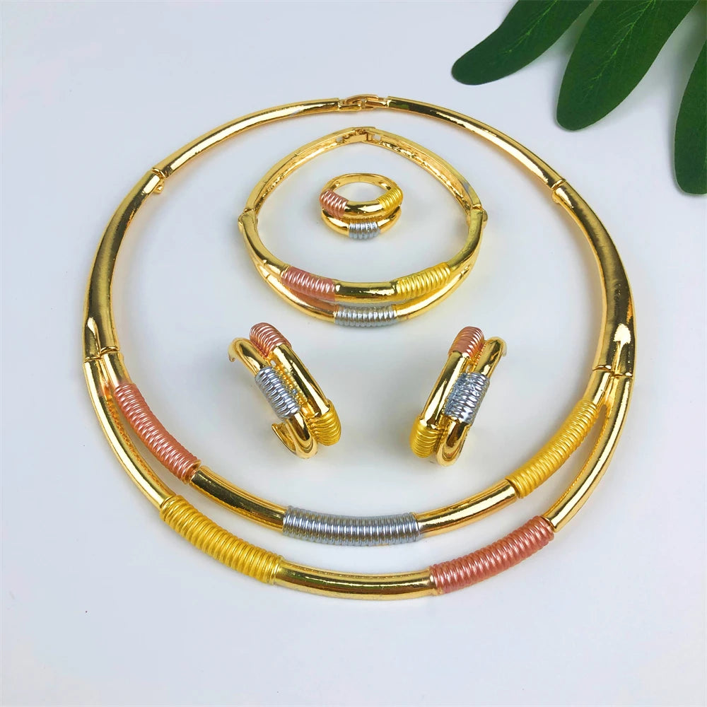 ESALE Dubai Style Gold Color Earring Sets Necklace Earring Bracelet Rings Sets For Women To Wear As A Banquet Gift