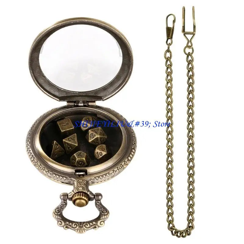 E21F Fashion Pocket Watch Case with 7pcs/set Metal Polyhedral Dices Pendant Chain