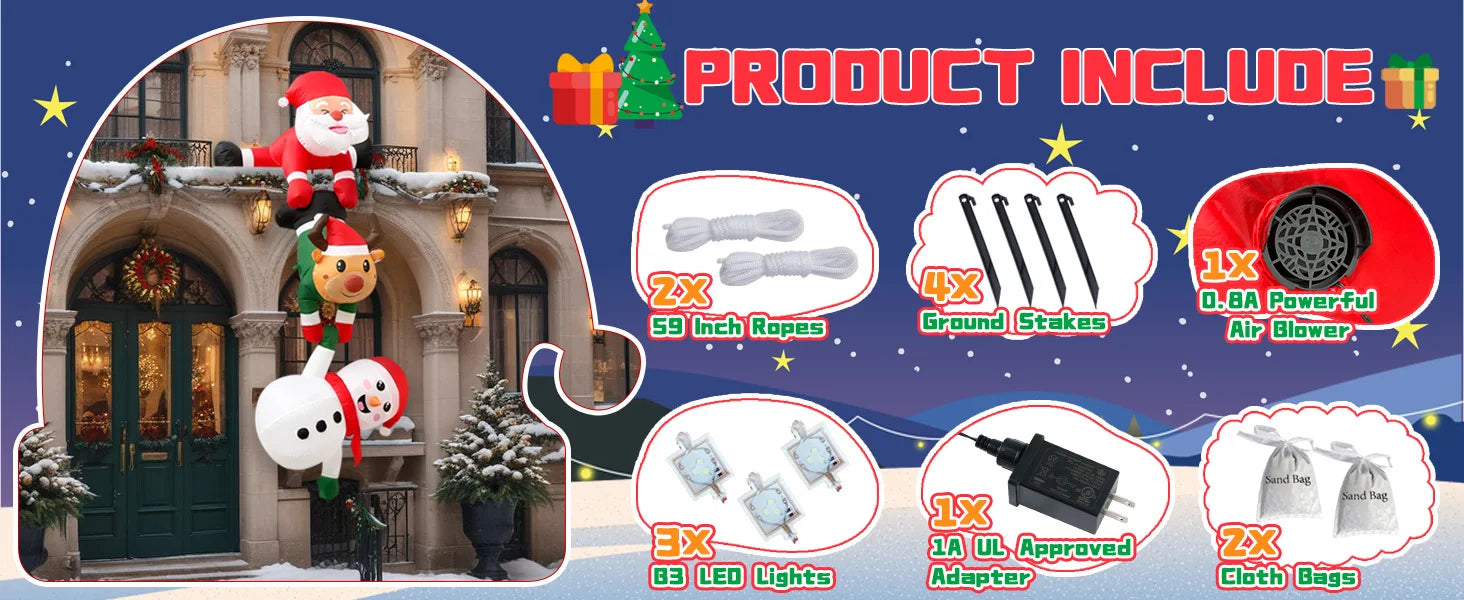 8FT Christmas Inflatables Decor, Climbing Santa Claus with Reindeer & Snowman/Elves, Xmas Decor for Beam Roof Tree Indoor Party