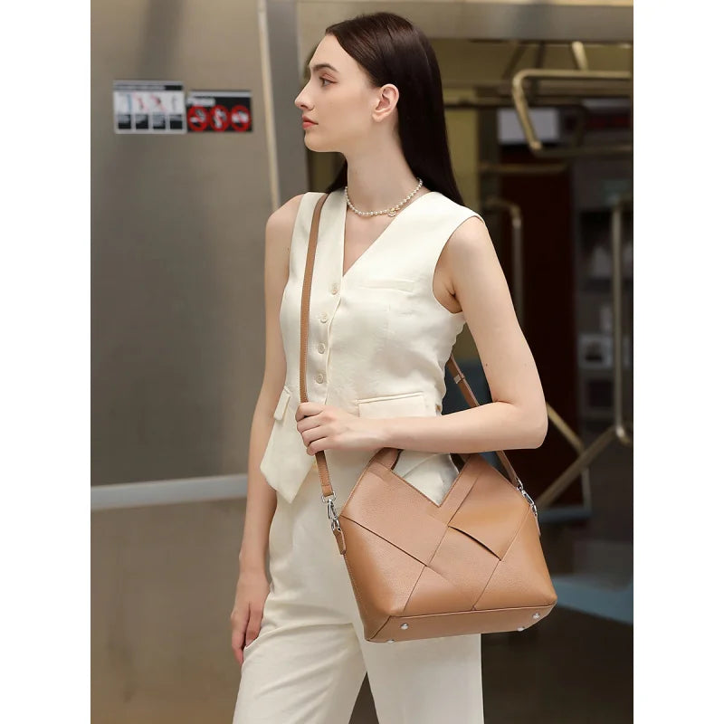 Genuine Leather Woven Tote Crossbody Bag