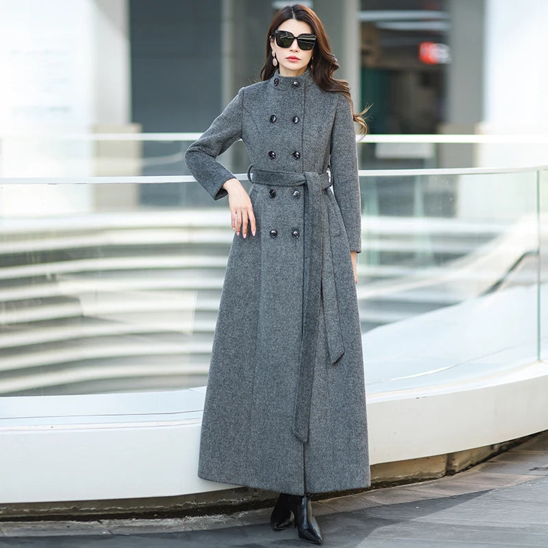 Gray Stand Collar Thickened Woolen Coat Winter Fashion Slimming Long Outerwear for Daily Wear Warm And Stylish New Arrival
