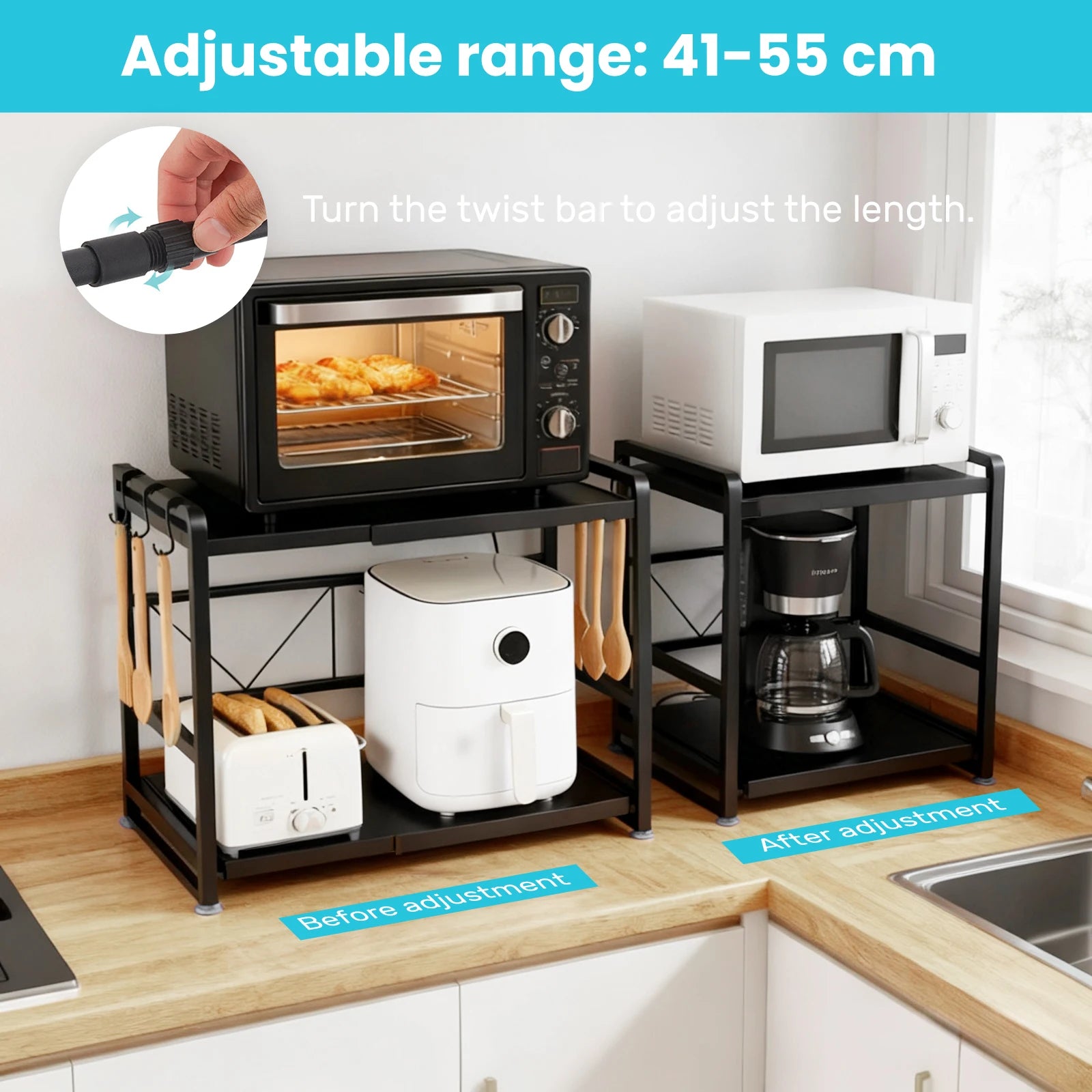 Iron Kitchen Shelf, Microwave Rack, Adjustable Height Extendable Shelf Includes Hooks & Reinforcement Suction Cups Easy Assembly