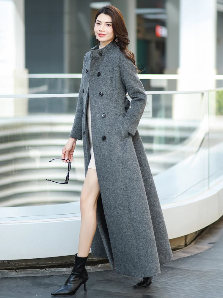 Gray Stand Collar Thickened Woolen Coat Winter Fashion Slimming Long Outerwear for Daily Wear Warm And Stylish New Arrival
