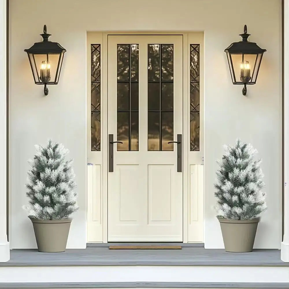 2pcs Artificial Christmas Pine Trees with Black Spiked Base - Indoor/Outdoor Holiday Decor-  Thanksgiving, Christmas Decor