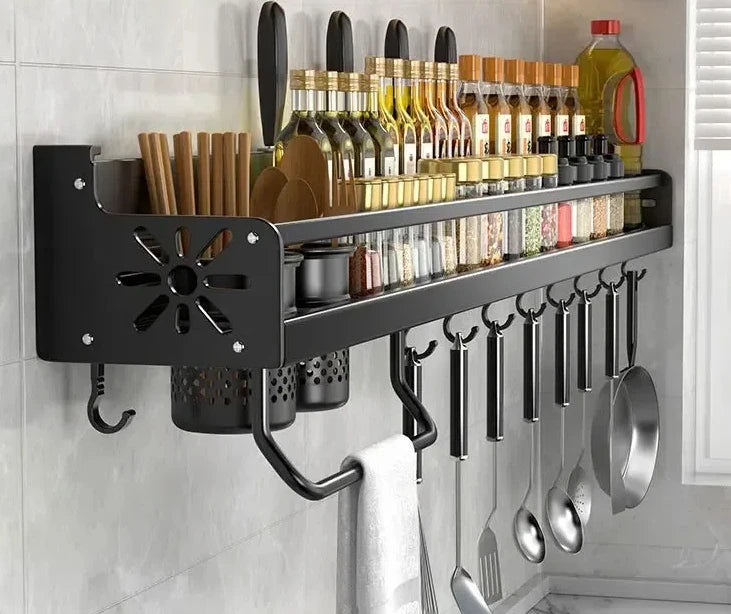 Stainless Steel Kitchen Wall Rack with Hooks & Shelf