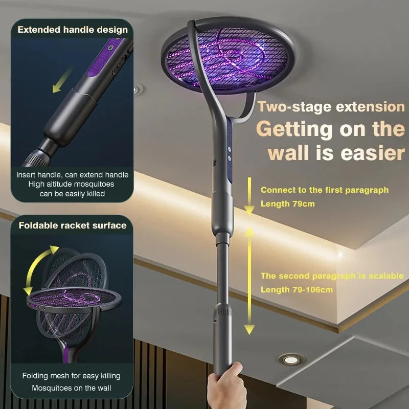 Intelligent Rechargeable Mosquito Swatter 2800V Electric Racket Extension Handle 5-Layer Protection