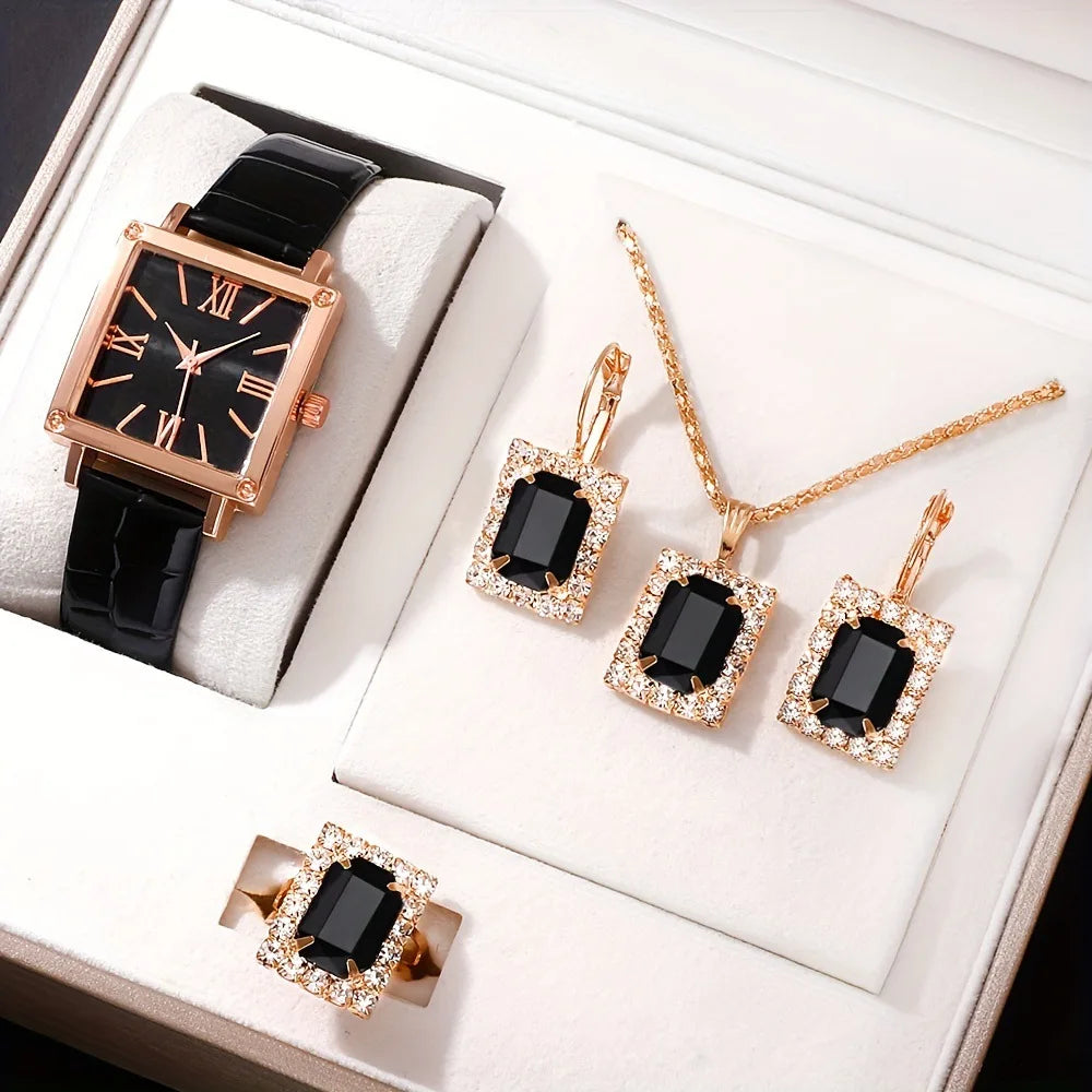 Women Fashion Watches Heart Rhinestone Ring Necklace Earring Jewelry Set Luxury Dress Quartz WristWatch Simple Elegant Watch Gif