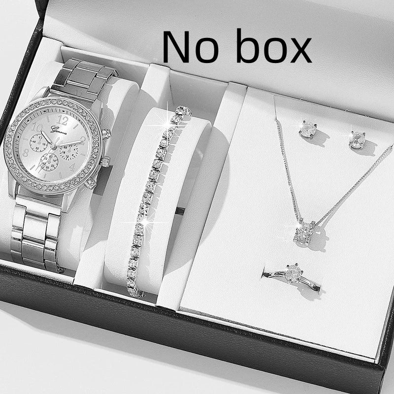 6 Piece Women's 3 - Eye Quartz Diamond Watch Set Bracelet Ring Earrings Necklace Gift Fashion Accessory