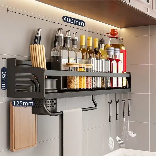 Stainless Steel Kitchen Wall Rack with Hooks & Shelf