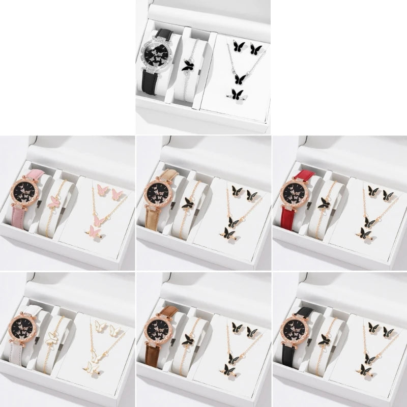 Elegant Butterfly Jewelry Set Women Watch Crystal Watches Fashion Rings Necklace Earring Bracelet Perfect for Daily Wear