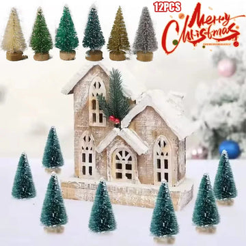 12Pcs DIY Mini Christmas Tree Sisal Silk Cedar Desktop Decoration Small Christmas Tree 2025 Xmas New Year Decor Micro-landscape
