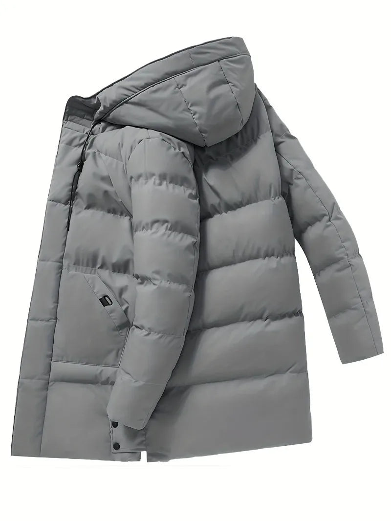 Men'S Heavyweight Winter Coat Windproof Cold Weather Jacket with Full-Length Zipper, Hooded Long Formality, Large Front Pockets