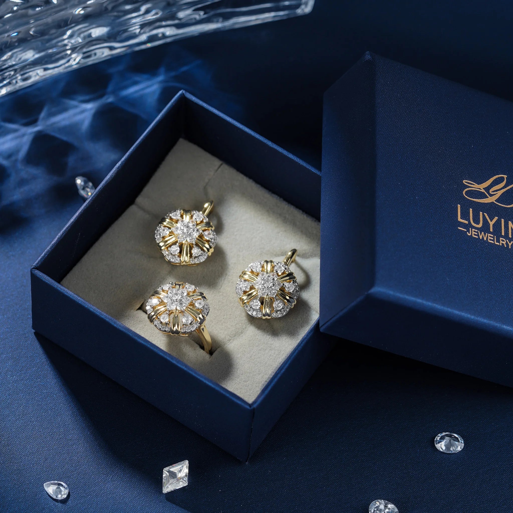 LUYIN New Arrival Floral Series Brilliant Inlaid Zircon Earrings Ring Set For Women Copper Plated 14K Gold Color Wedding Gifts