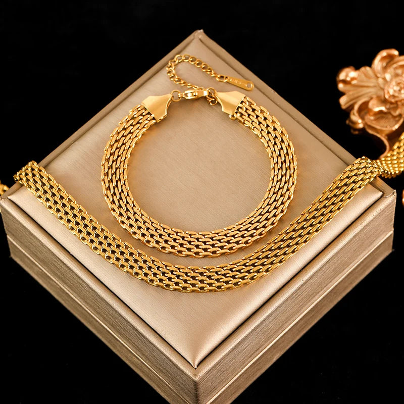 EILIECK 316L Stainless Steel Metal Gold Color Wide Watch Chains Neckalce Bracelet Set For Women Trendy Waterproof Jewelry Gift