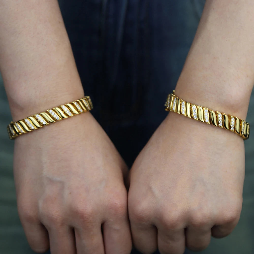 2025 New Gold Color Herringbone Snake Chain Bracelet Necklace 10mm CZ Stones Choker Hop Hip Rapper Fashion Women Jewelry Set