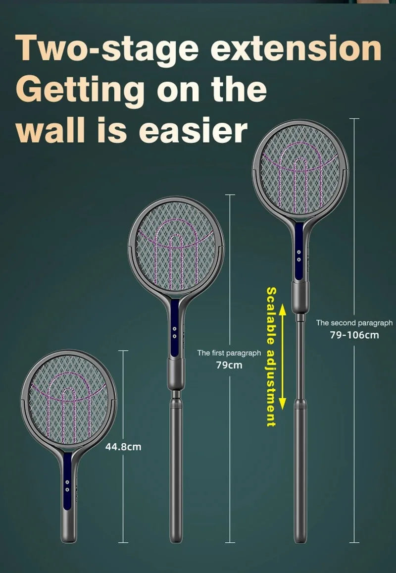 Intelligent Rechargeable Mosquito Swatter 2800V Electric Racket Extension Handle 5-Layer Protection