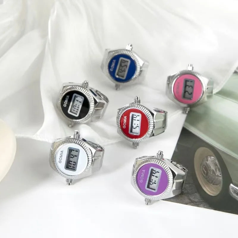 Fashion Electronic Watch Rings for Men Women Gold Silver Colorful Dial Stainless Steel Elastic Watch Strap Battery Mini Clock