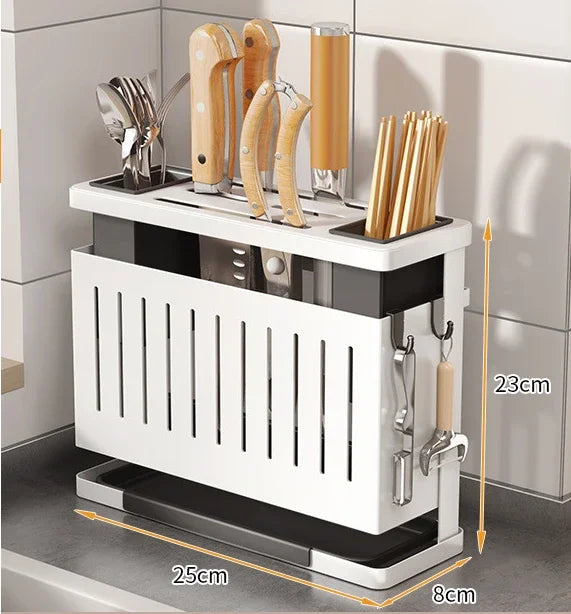 Kitchen Knife Holder Storage Rack Wall-Mounted Multi-purpose Storage Knife Rack Detachable Stainless Steel With Brackets Hooks