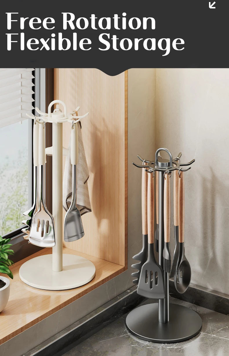 Kitchen Utensil Stand: Rotating Storage Hanger with 8 Hooks,for Countertop Organization rotatable Cooking Utensils Holder