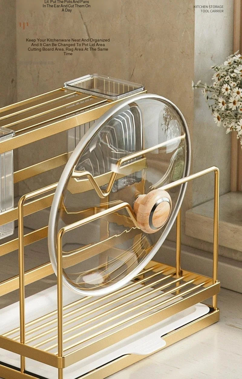 Kitchen Countertop Organizer with Drainage Tray -Integrated Rack for Cutting Boards, Knives, Rags, Chopsticks, Pot Lids, Durable