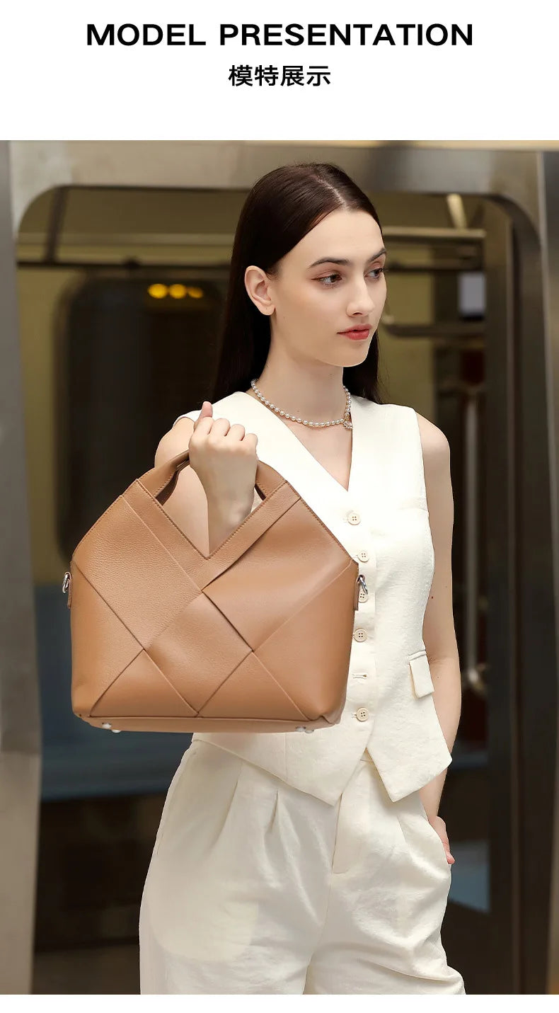 Genuine Leather Woven Tote Crossbody Bag